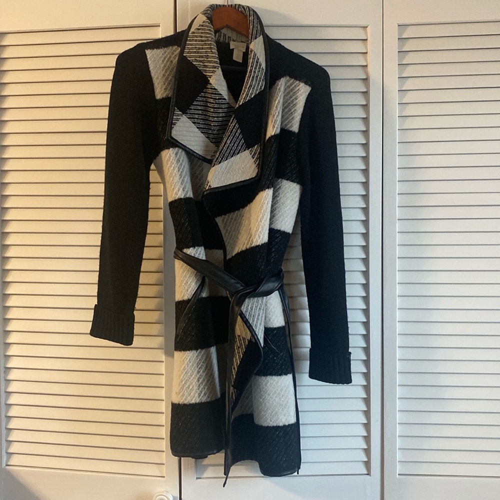 Black and White Wrap Jacket with Black leather belt
